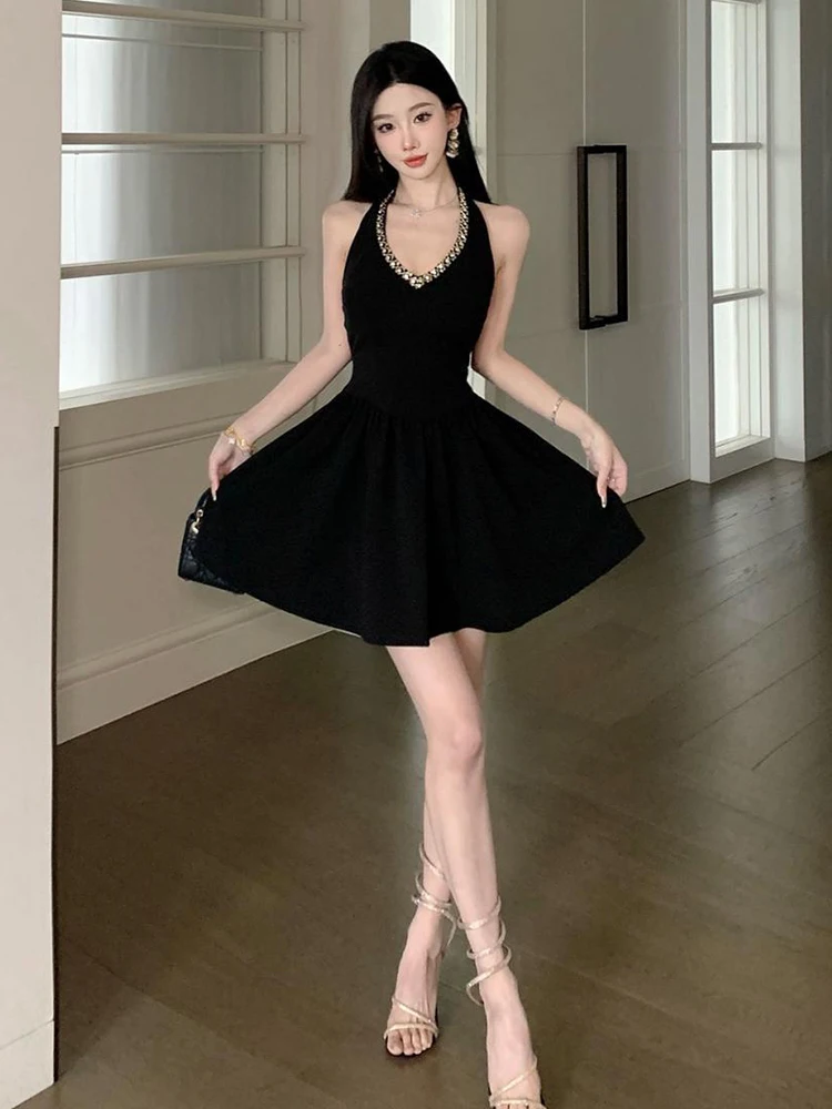 Ropa de mujer exquisito vestido de cumpleaños negro dulce elegante lindo diamantes espalda descubierta Vestidos de fiesta club nocturno Swing Mini vestido de mujer
