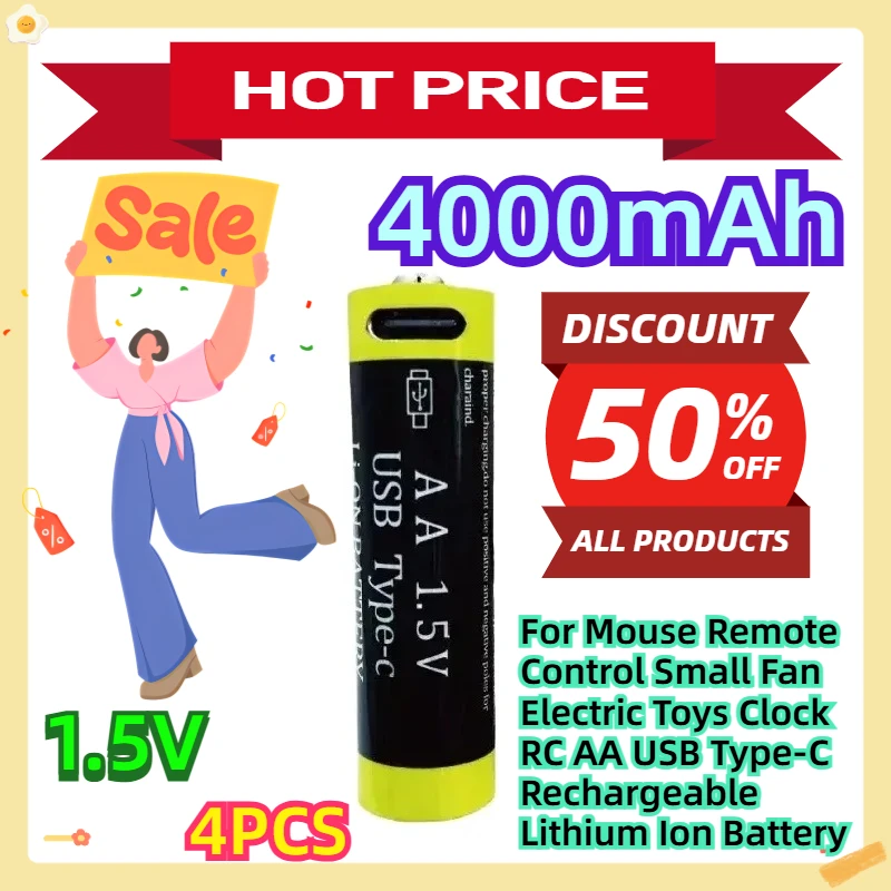 

For Mouse Remote Control Small Fan Electric Toys Clock RC AA USB Type-C Rechargeable Lithium Ion Battery 1.5V 4000mah 4pcs