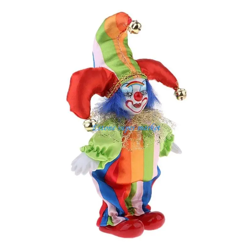 

090B Flexible Part Ceramic Clown Statue Bright Fabric Costume Seasonal Decoration Gift For Christmas Celebration 6 Inches