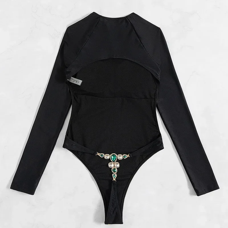 

Luxury Rhinestones Swimwear 2022 Women Long Sleeve Open Back One Piece Bikini Solid Black Thong Diamond Bathing Suit Bodysuit