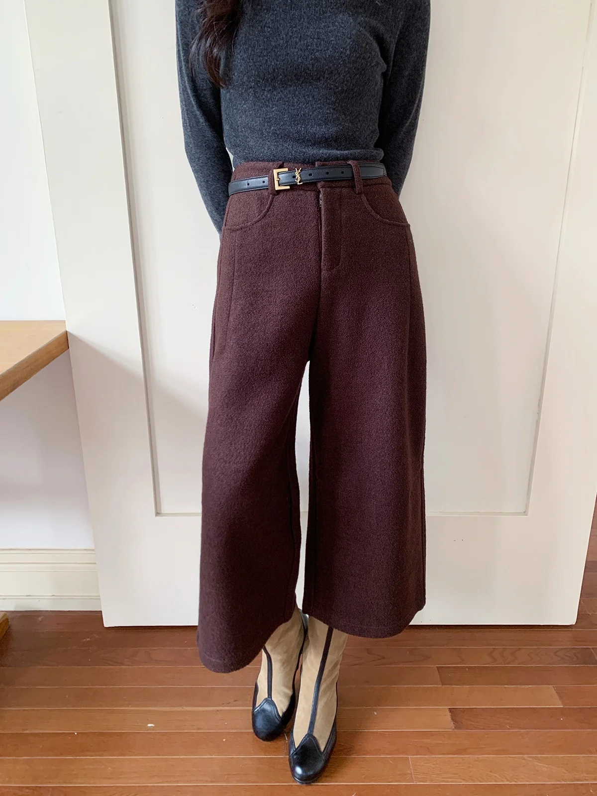 

ETLETE Woolen Casual Pants Loose Fit Thickened Design Seven-Quarter Length Ladies Trousers Comfortable Natural Waist Style