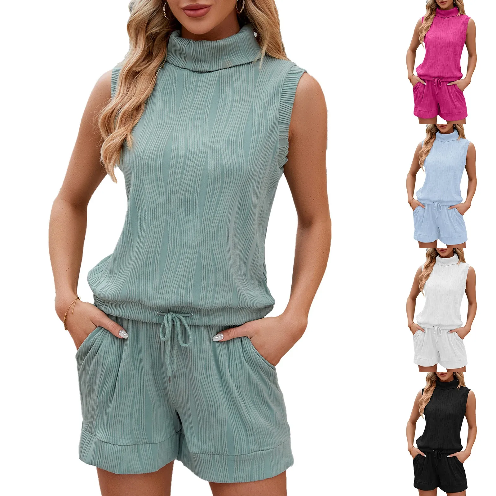 Women's Summer Shorts Set Casual All-match Solid Colour Set High Neck Sleeveless Vest Tops Loose Shorts With Pockets Suit