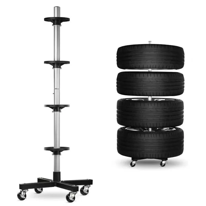 

Держатель для шин Полка для шин с колесами Мобильная сверхмощная 4-колесная подставка для шин Стойка для хранения шин с ручкой Дисплей