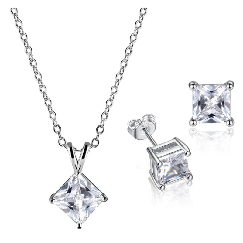 New Fashion 925 Silver Jewelry Sets For Women Engagemet Four Claws Inlay Crystal CZ Pendant Necklaces Earring Two Piece Sets