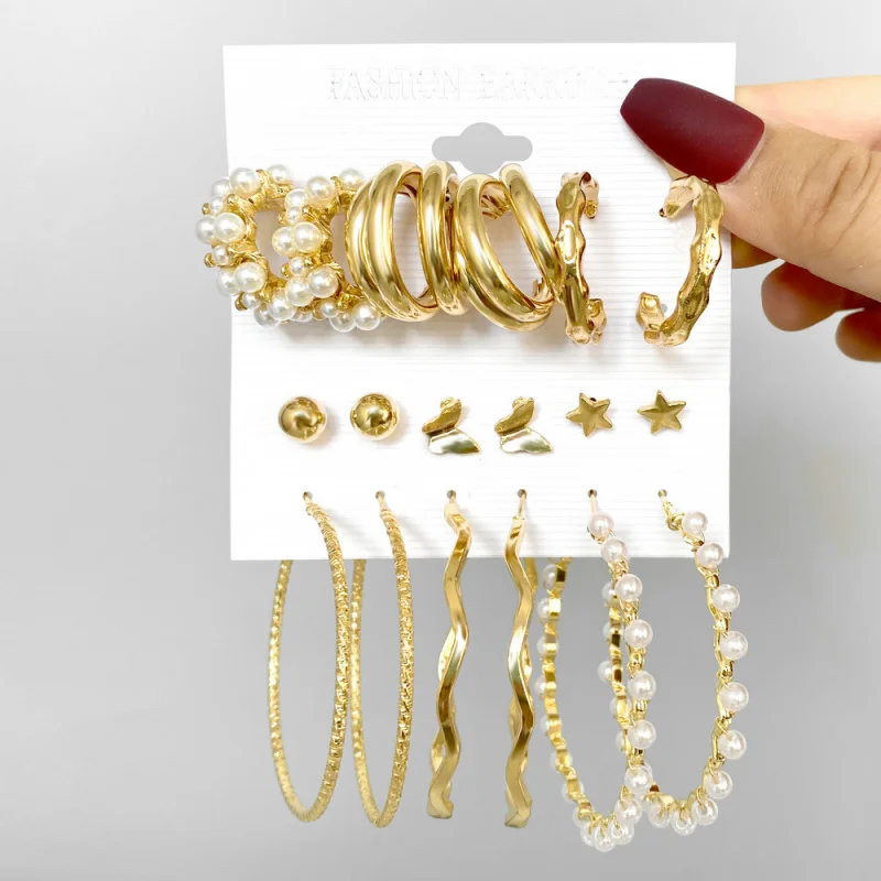 New Vintage 9 Pairs Of Colored Ladies Earrings Fashionable New Creative Simple Water Drill Star Flower Resin Earring Set
