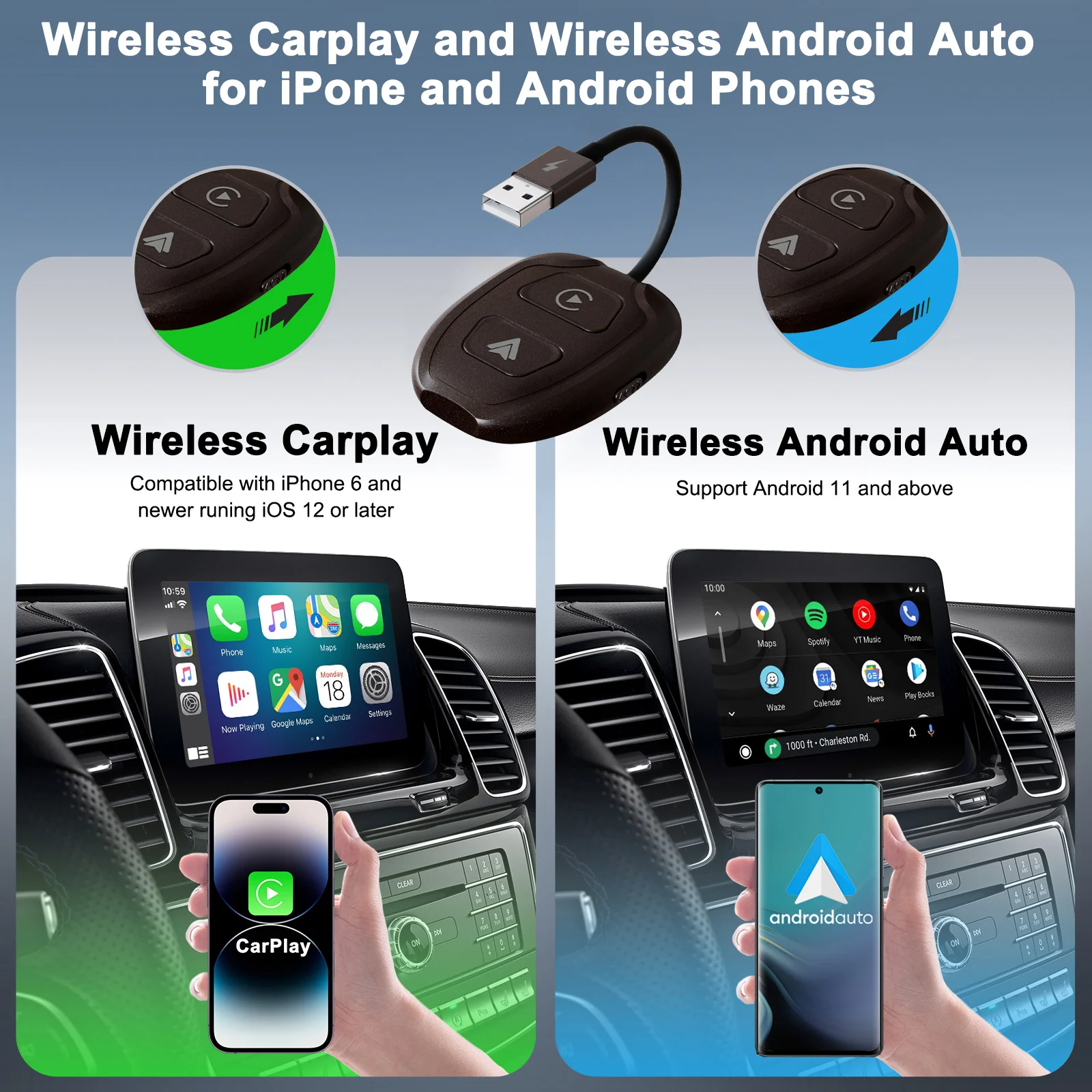 Wireless CarPlay and Android Auto Adapter 2 IN 1 for OEM Wired CarPlay & Wired Android Auto Cars Convert Wired to Wireless