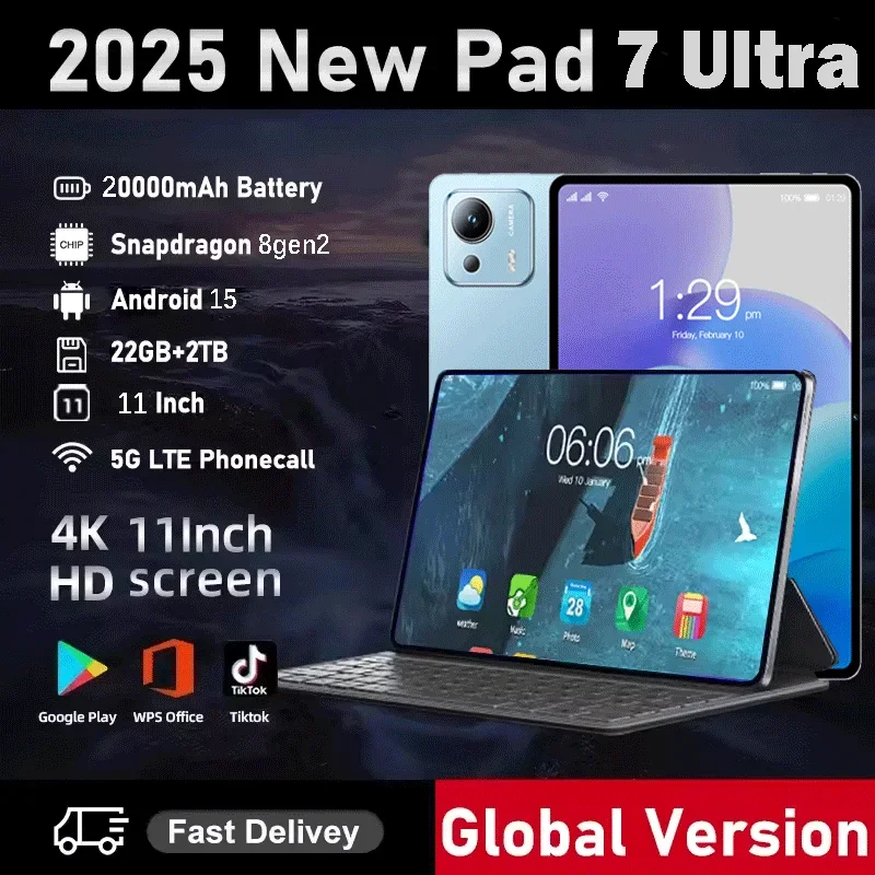 

2025 НОВЫЙ оригинальный планшет Pad 7 Pro Ultra 11 дюймов Android 15 22 ГБ + 1 ТБ 20000 мАч 5G с двумя SIM-картами Bluetooth WiFi HD 4K Экран планшетного ПК
