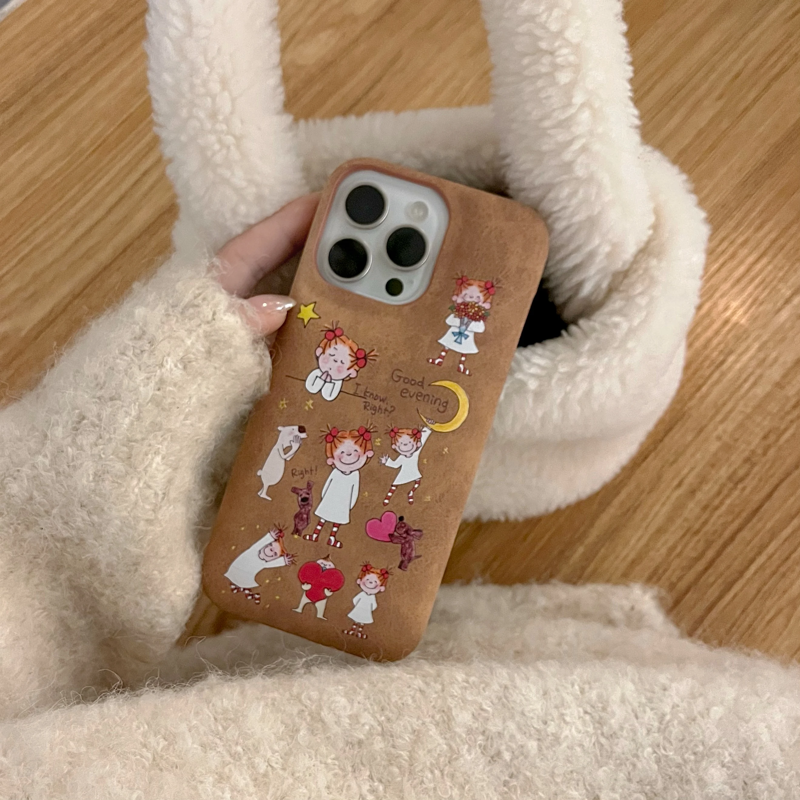 3D Cartoon Happy Girls Leathery Phone Case for iphone 16 Promax  15 14 13 Protective Cover Winter Gift