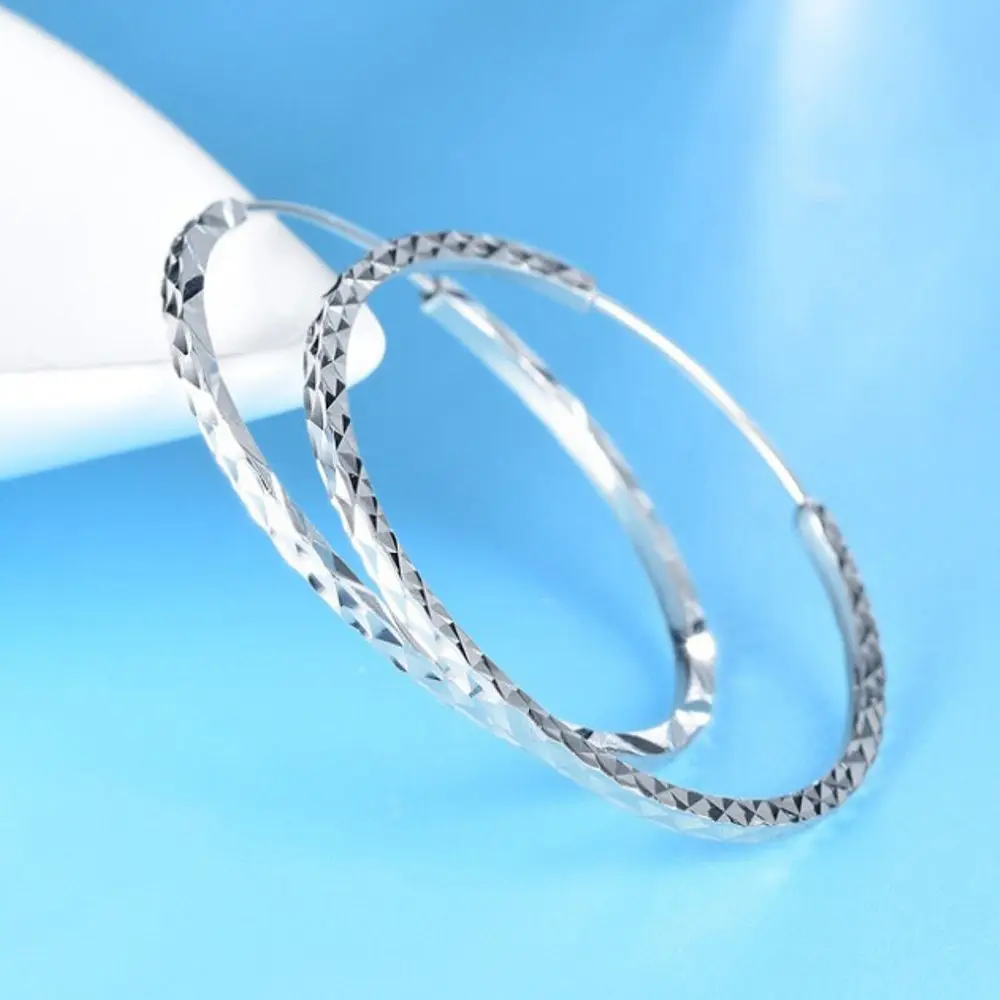 

PT950 Pure Platinum 950 Hoop Women Lucky Gift 35mm Carved Big Circle Earrings 4g