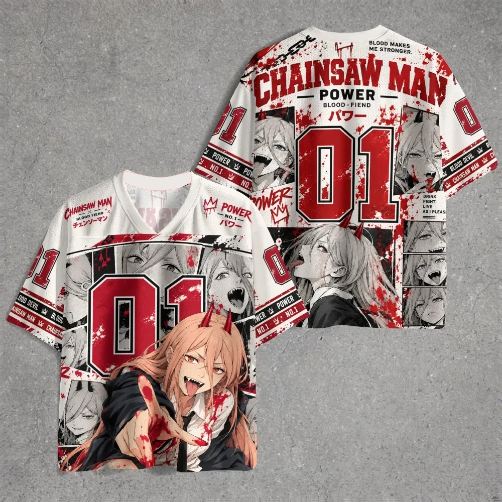 Chainsaw Man Power Football Shirt 01 Manga Blood Stained Printed Short Sleeve Unisex Anime Street Dress Hip Hop Sports T-shirt