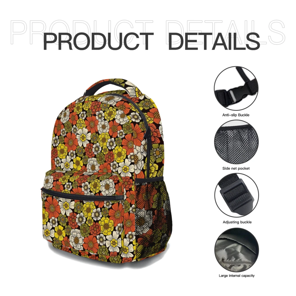 Retro 1960s 1970s Floral Pattern Printed Lightweight Casual Children's Youth Backpack Schoolbag  17inch