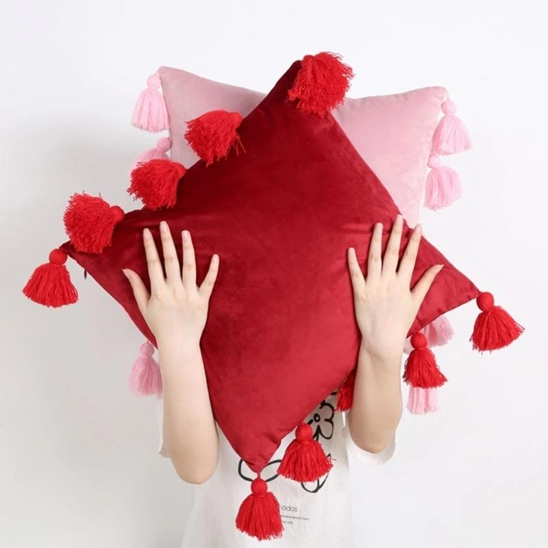 

Comfortable Velvets Throw Pillowcase with Fringes Detail Bohemian Cushions Cover for Bed and Chair best sale
