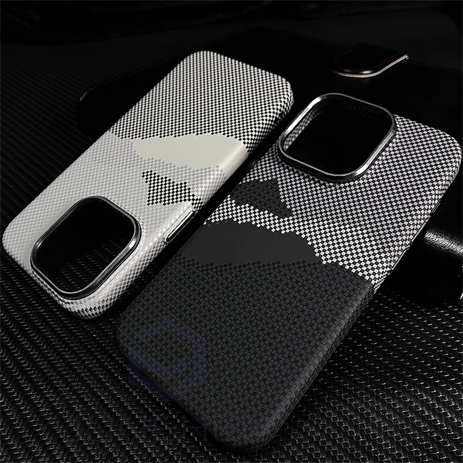 Luxury Alloy Lens 3D Relief Peak Carbon Fibre Pattern Case For iPhone 13 14 15 16 Pro Max Slim Shockproof PC Cover For Magsafe