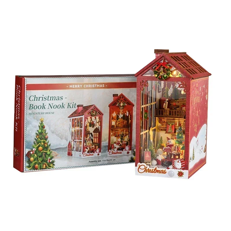 DIY Wooden Christmas Decorations Book Nook Shelf Insert Kits Miniature Dollhouse with Furniture Christmas Toys Gifts