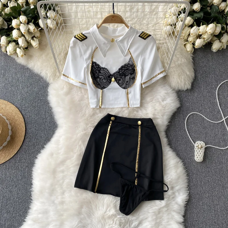 Women Officer Cosplay Lace Patchwork Hollowed Out Gold Border Crop Top With Gold Border Buttons A-line Mini Skirt Sexy Lingerie