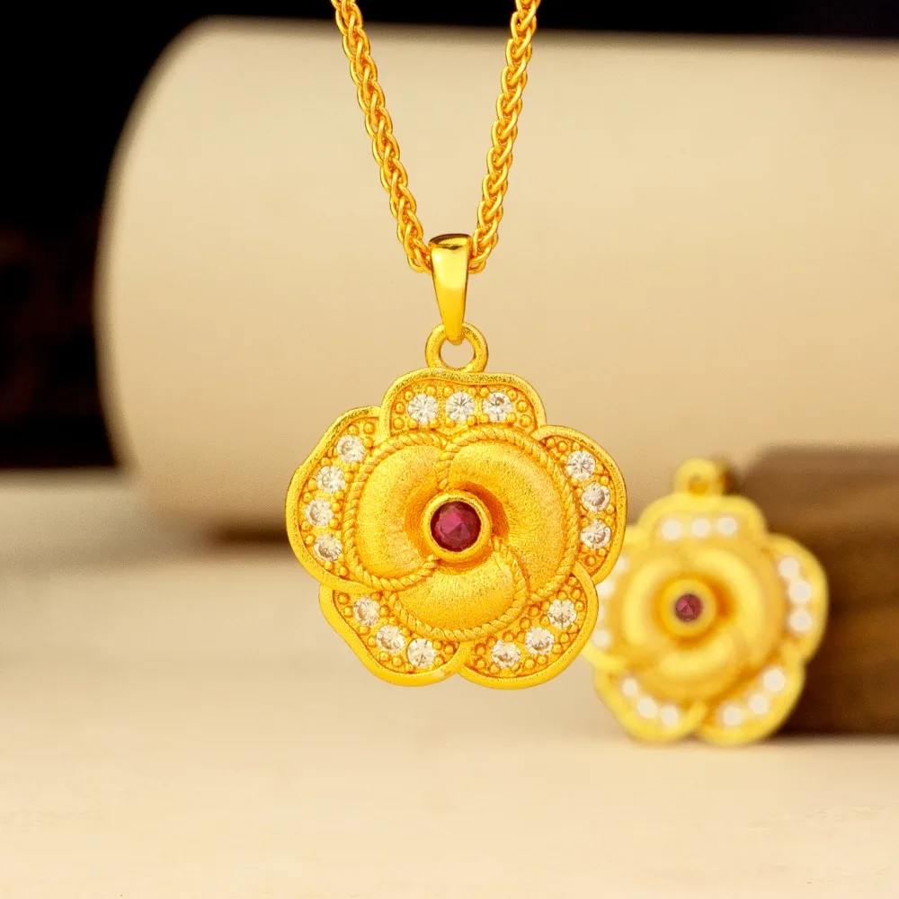 Drawing process point drill rose pendant female sweet sensual flowers 9999gold