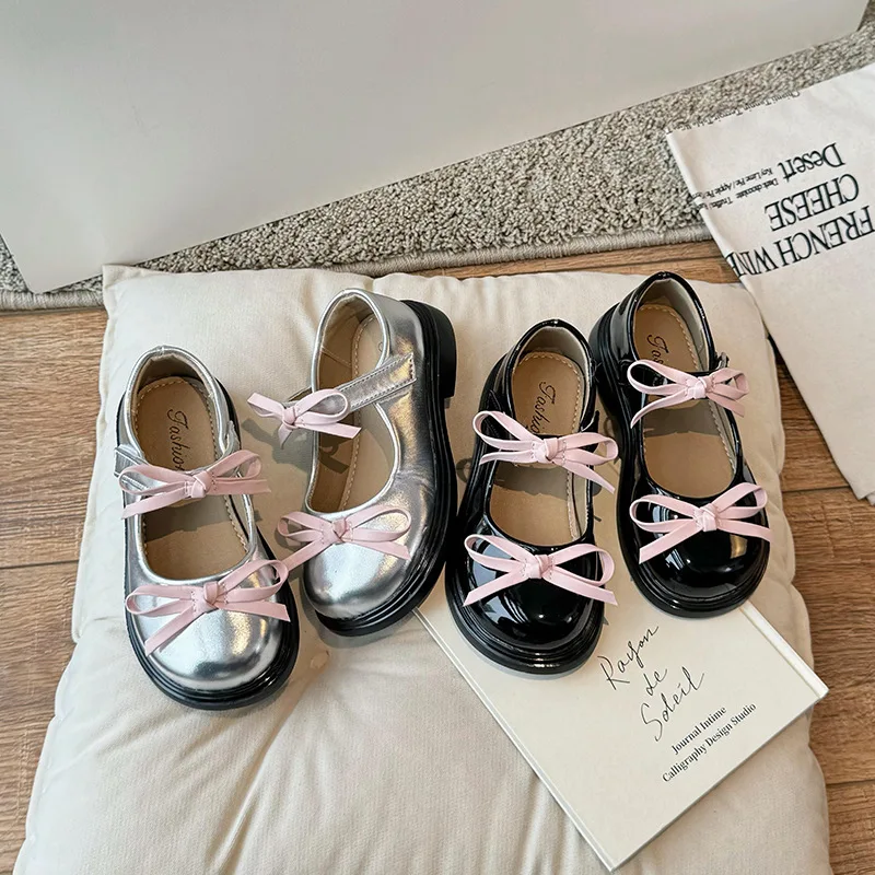 Girls Spring Autumn Fashion Single Shoes Children Soft Sole Painted Surface Bows Flat Shoes Kid Velcro Princess PU Leather Shoes