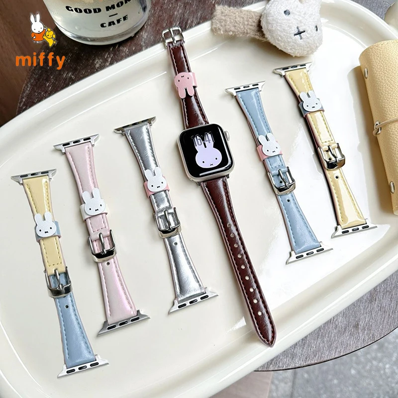 

Kawaii Miffy Watch Band Suitable for Iwatch Ultra 11 9 Cartoon Retro Leather Watch Strap Dopamine Anime Accessories Perfect Gift
