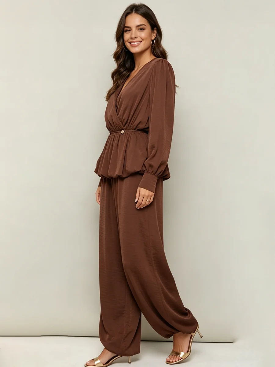 LIMO Brown Satin V-Neck Long Sleeve Top & Wide Leg Pants Two Piece Set for Women