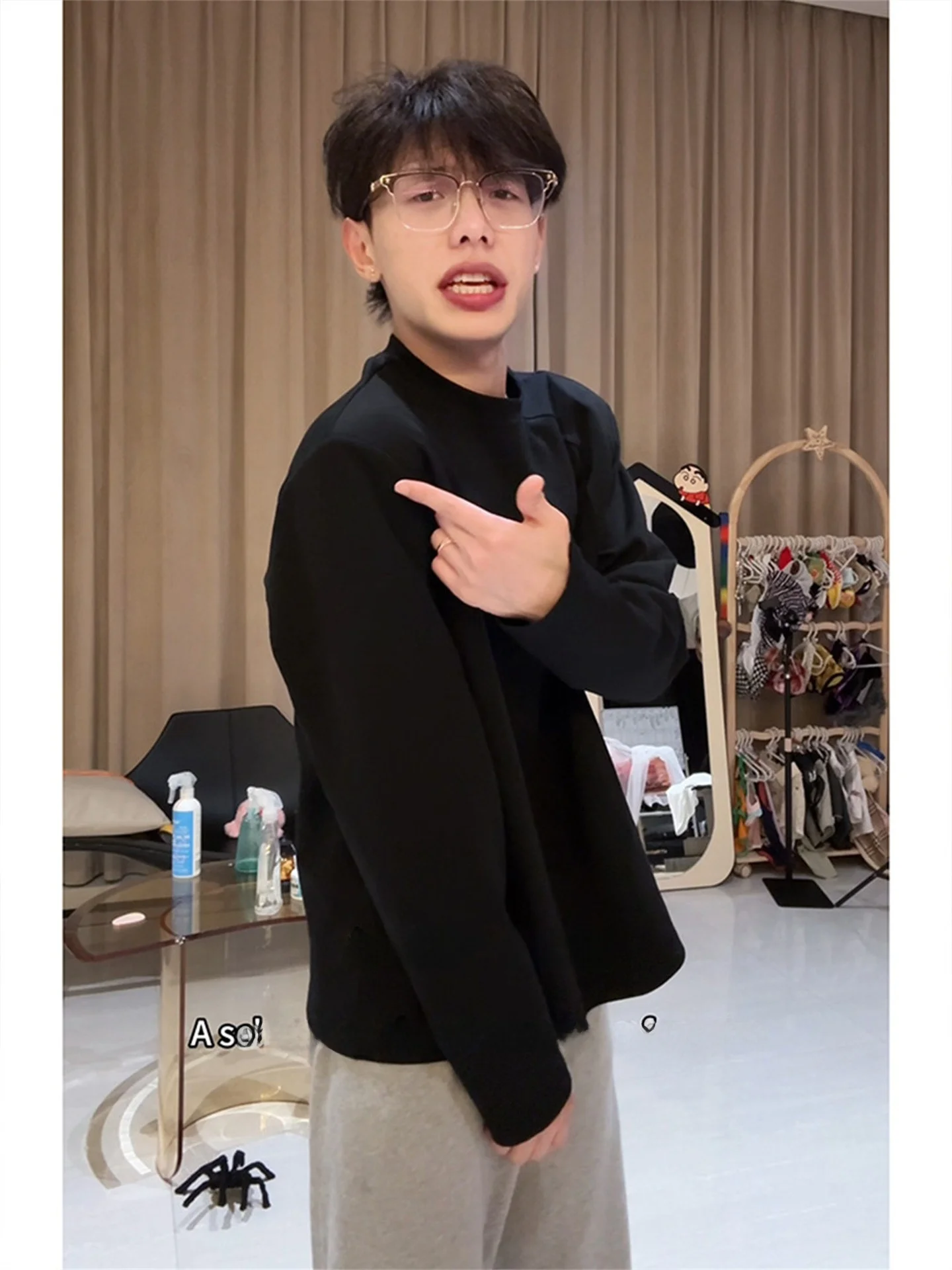 Black Shoulder Pad Long Sleeve Hoodie Unisex Autumn Heavyweight Inner Shirt Small Collar T-Shirt Youth Casual Style Basic Fit