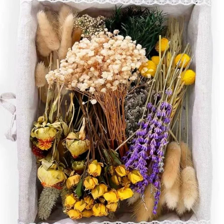 

130Pcs DIY Mixed Natural Dried Flower Set, Preserved Flowers Bulk with Baby's Breath, Dried Roses, Eucalyptus Stems, Mini Handm