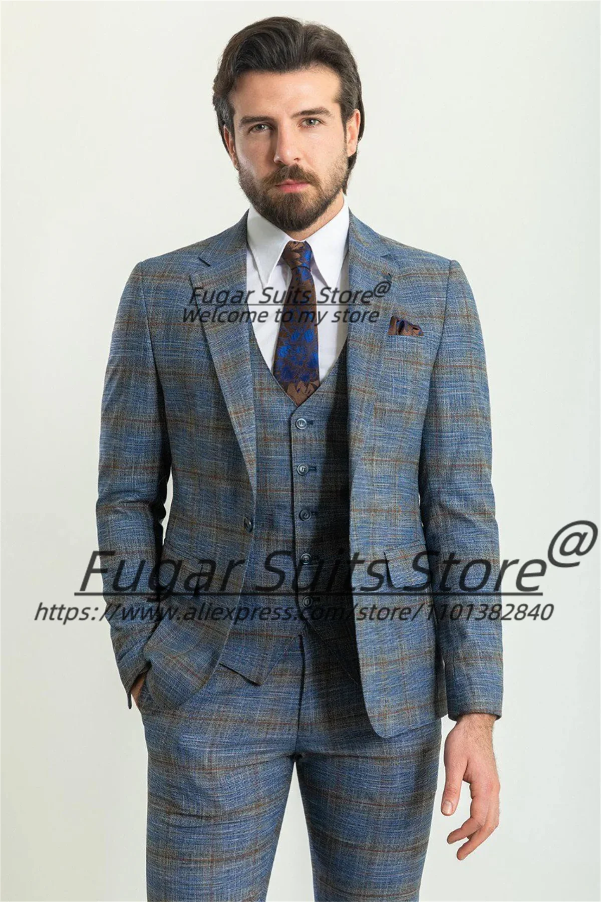 

Classic Navy Blue Plaid Men Suits Customized Slim Fit Notched Lapel Groom Wedding Tuxedos 3 Pieces Sets Formal Ropa Hombre