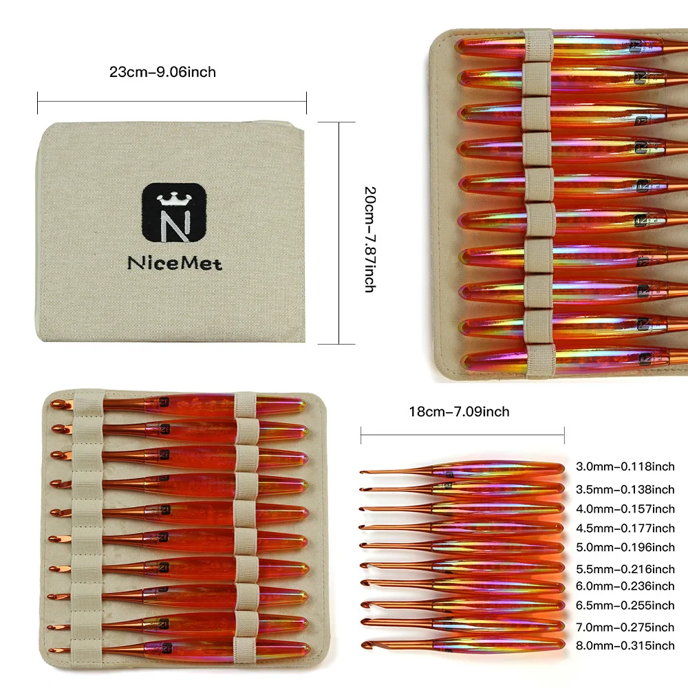 1/10Pcs 3.0-8.0mm Crochet Hooks Ergonomic Hand-Polished 18cm Long Acrylic Electroplated Handle Crochet Hook Best Gifts for Mom