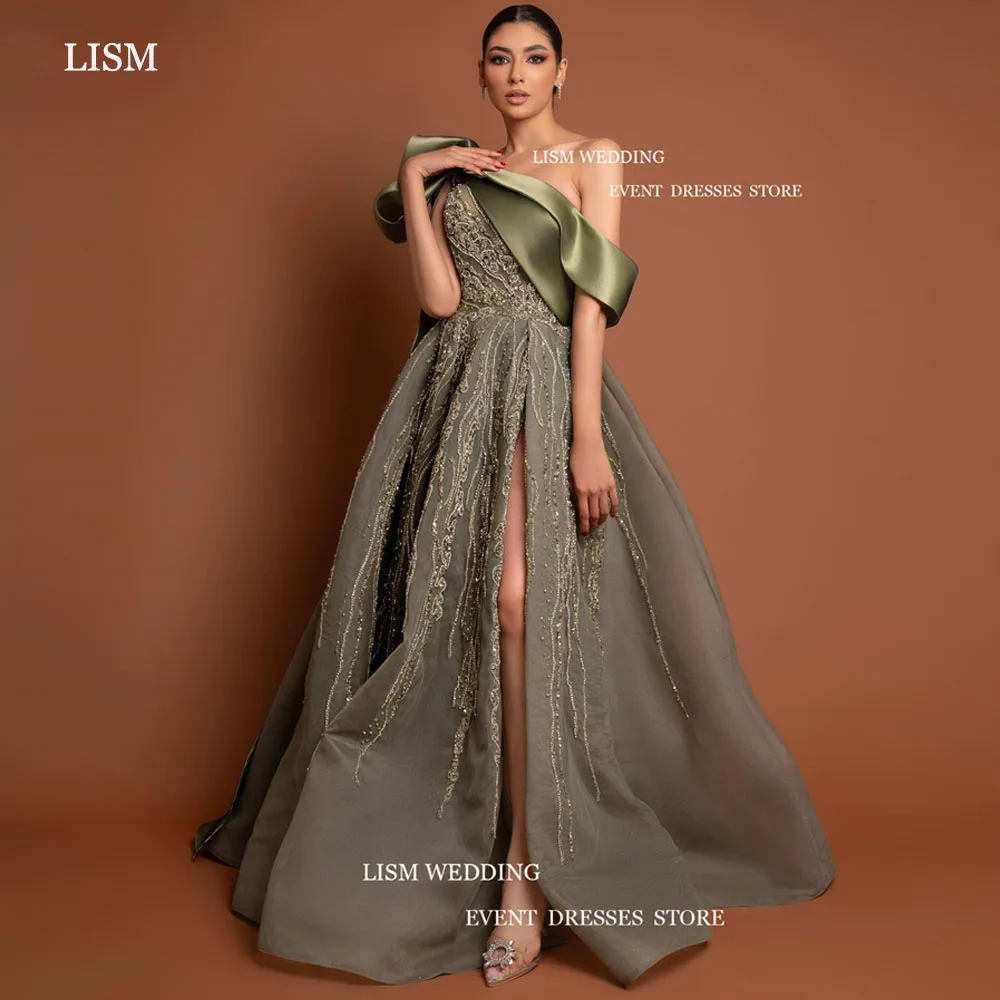 LISM Green Shiny Evening Party Dress One Shoulder High Side Split Dubai Arabic Women Pleat A-Line Formal Prom Gowns