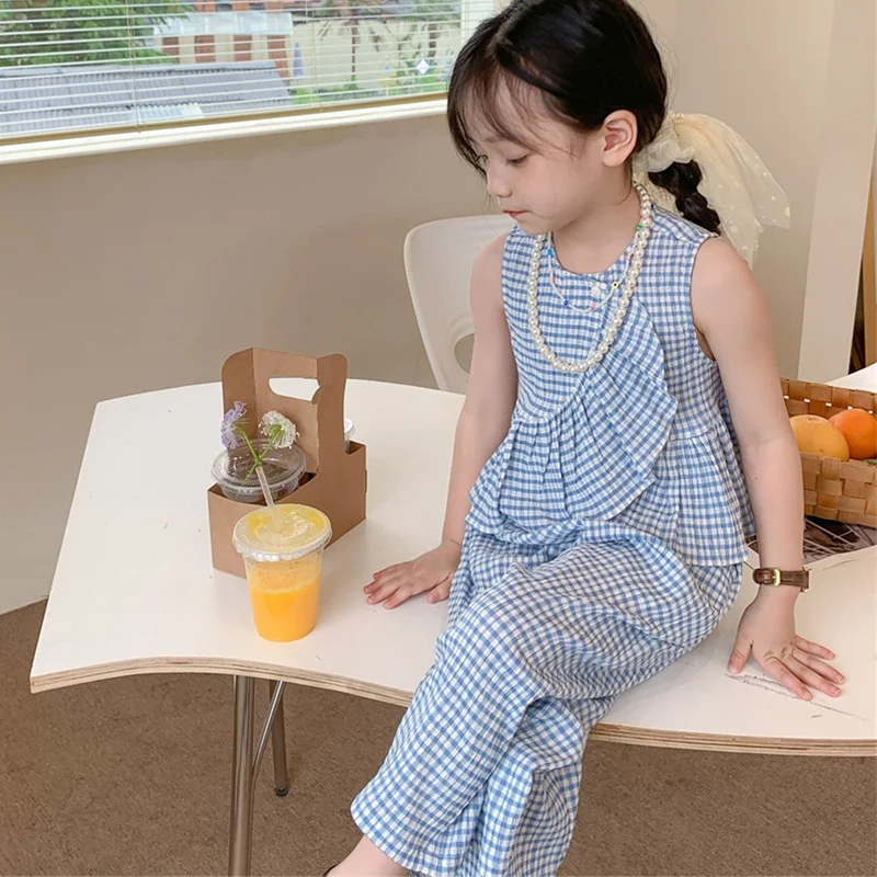 2-7Y Korean Children Summer Girls Set Children Ruffled Plaid Vest+Pants Two-piece Set for Kids