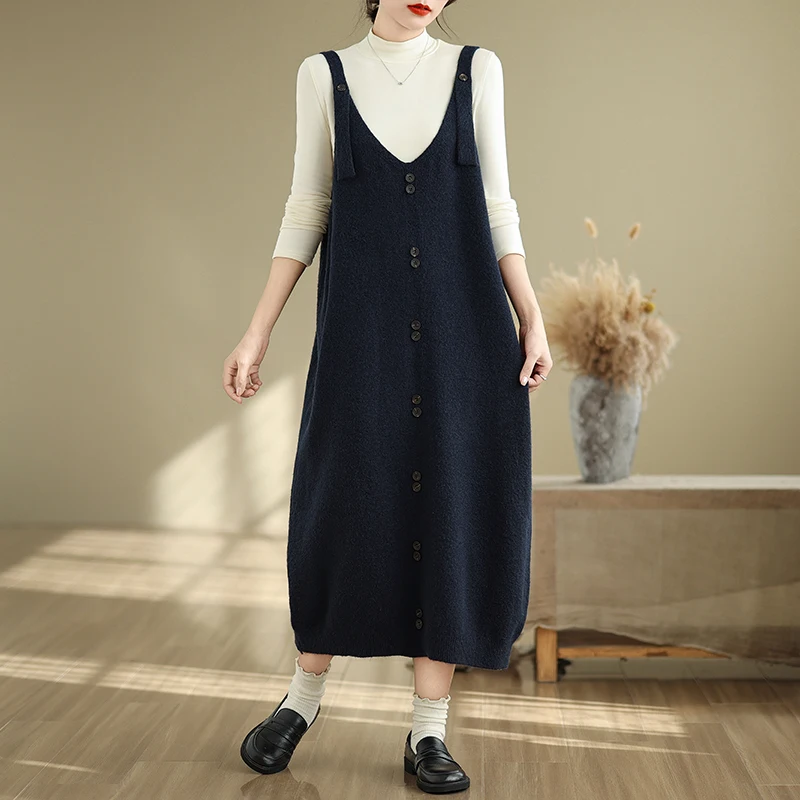 Large Size Women's Autumn Winter Knitted Dr Long Over-Knee Strap Sweater Dr Mid-Length Commute Sle Thi Cotton Polye...