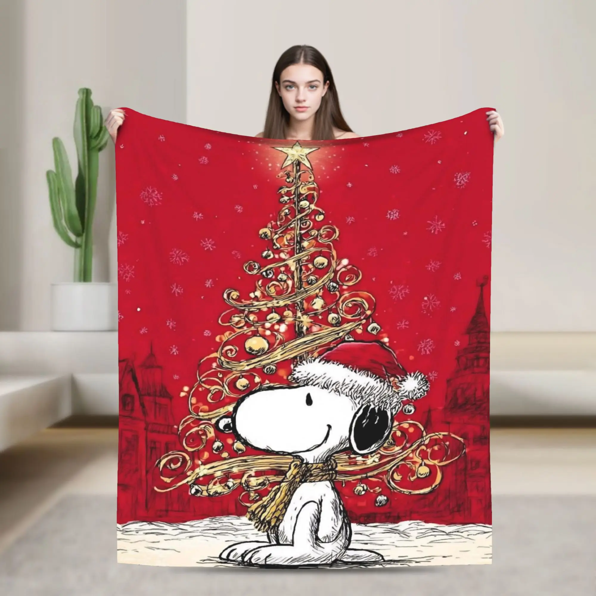 S-Snoopys Xmas Christmas Tree Blankets Flannel  Super Warm Throw Blanket for Bedding Couch Bedspread