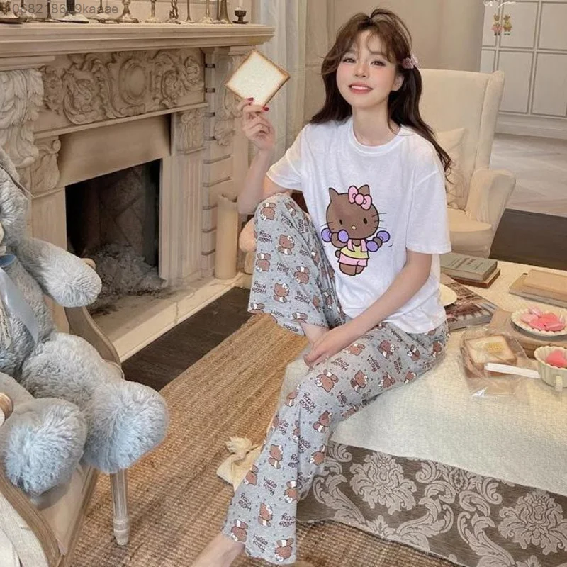 Sanrio Hello Kitty Cute Home Clothes Summer Short Sleeve T-shirts Pants 2 Piece Set Women Pajamas Suit Y2k Kawaii Tops Trousers