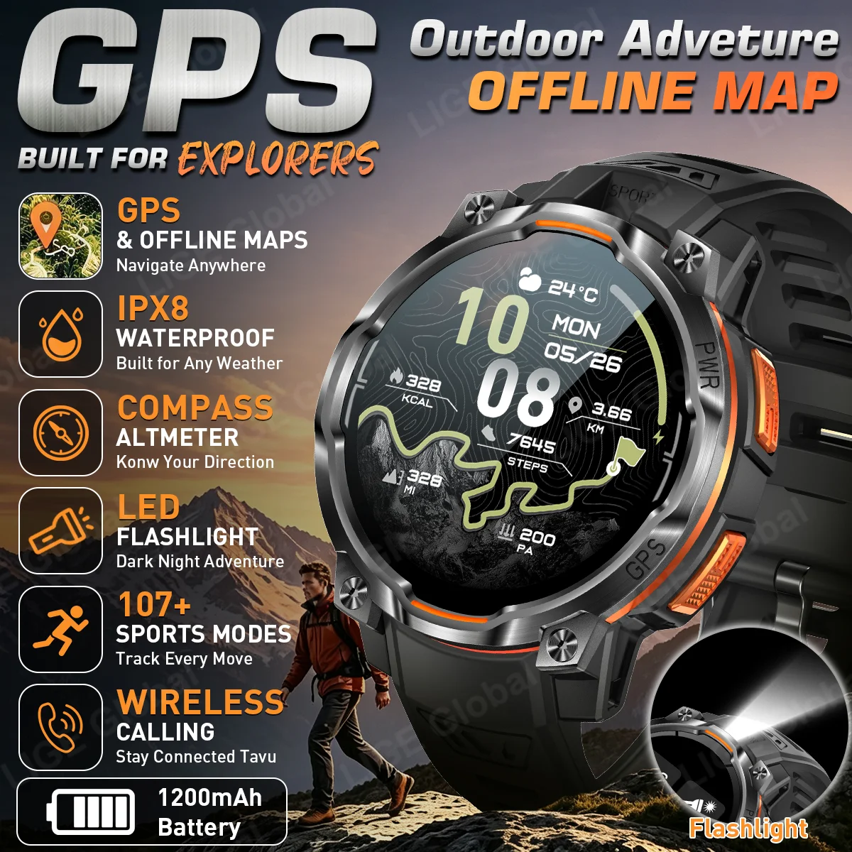 LIGE 2026 New GPS SmartWatch Offline Maps Compass 1200mAh Military Sports Smart Bracelet Men IPX8 Swimming Waterproof Watches