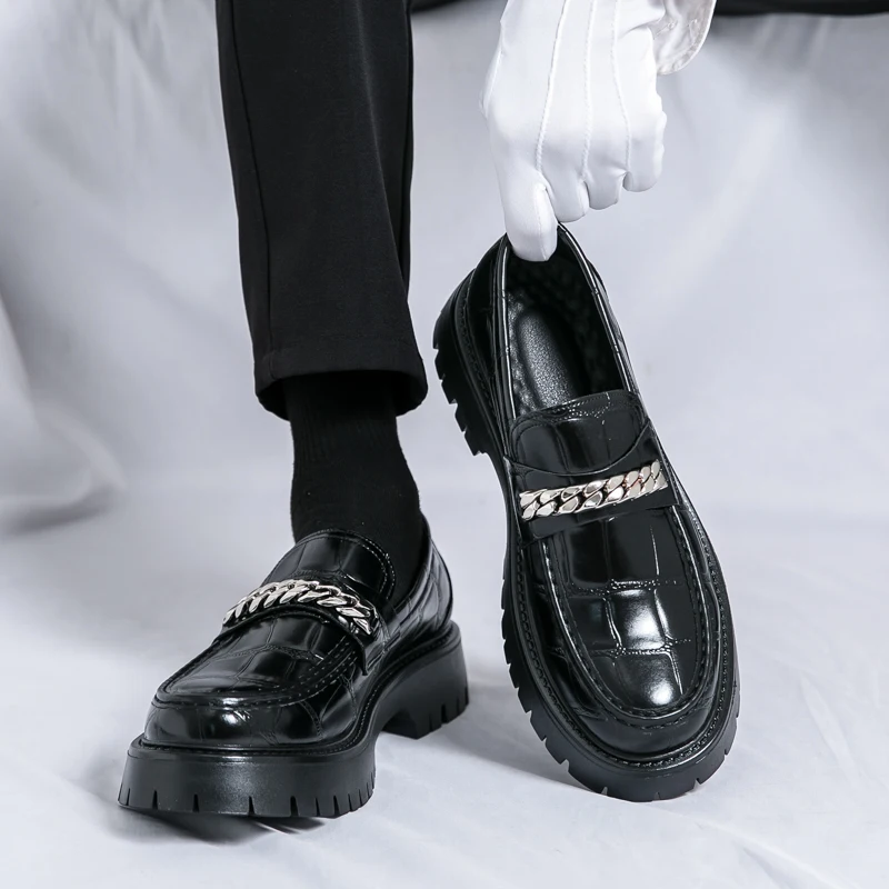 Spring Thick Sole Leather Shoes Metal Chain Loafers Round Head High Quality Slip-ons Business Formal Shoes Male Casual Moccasins