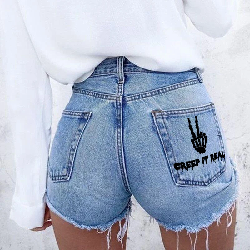 Summer Casual Denim Shorts for Girls with Fringed Edges Washed Water Print Pattern High Waist Mid-Thigh Length