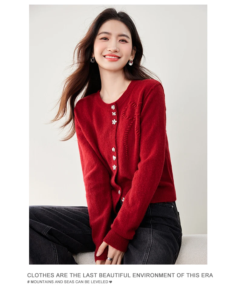 2025 Women Soft Diamond Grid Multi Buttons Red Sweater Knitted Cardigan New Christmas Red New Year Tops Female