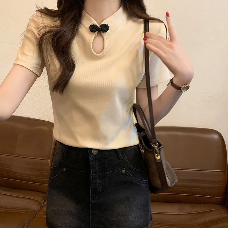 Short Sleeve T-shirt 2024 Summer Pan Buckle Slim Shoulder Solid Color Women's Top
