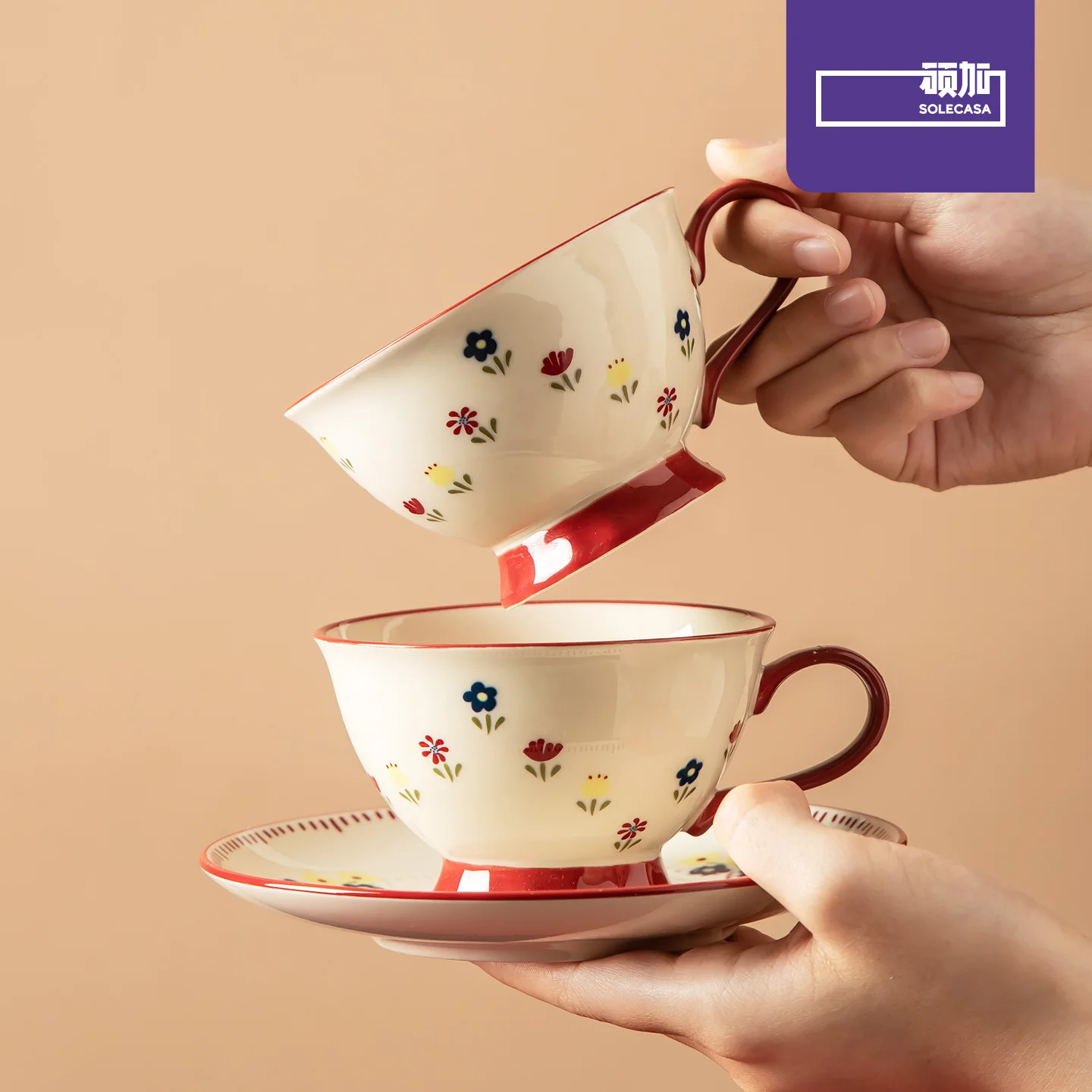SOLECASA Retro Floral Ceramic Tea Cup Saucer Set Vintage Aesthetic Tableware 4Pcs Porcelain Coffee Cup Set Gift Set Box Gifting