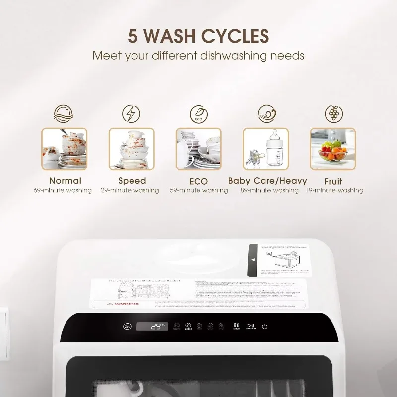 NOVETE Portable Countertop Dishwashers, 5 L Built-in Water Tank & Inlet Hose, 5 Washing Programs, Baby Care, Air-Dry Function