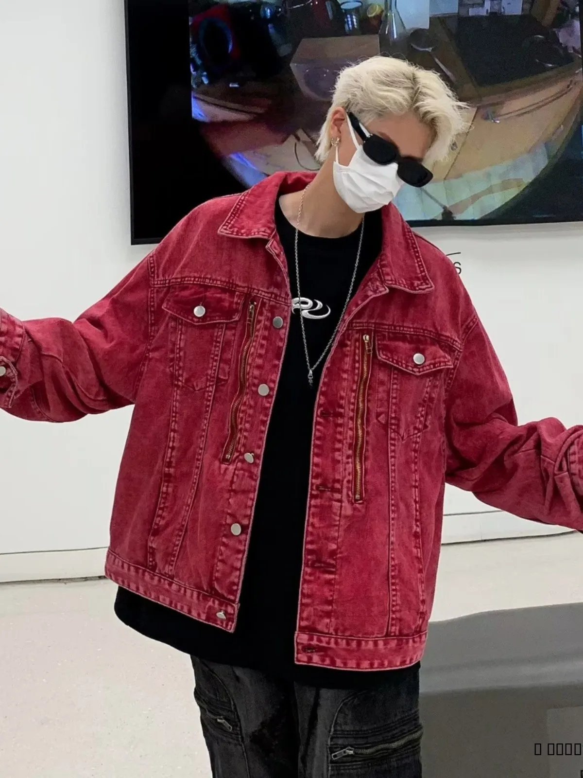 

American Sle Pink Denim Jaet Men's Loose Retro Biker Jaet Trendy High Street Workwear Coat Youthful Autumn Faion