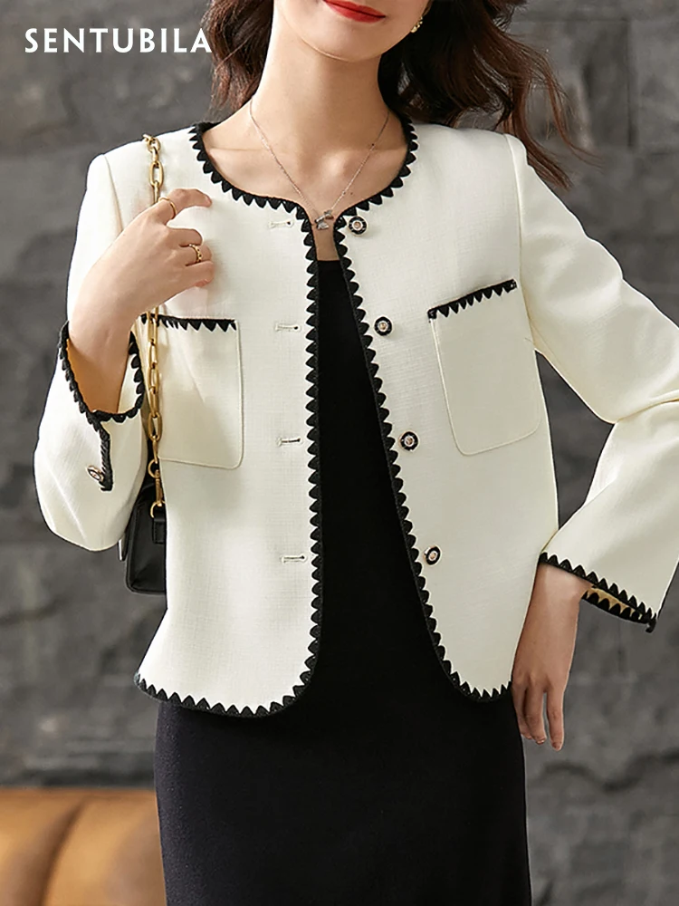 

SENTUBILA Contrast Embroidery Spring Jacket Women Elegant Outerwear 2024 French Fashion Single Breasted Short Coat 123W42982