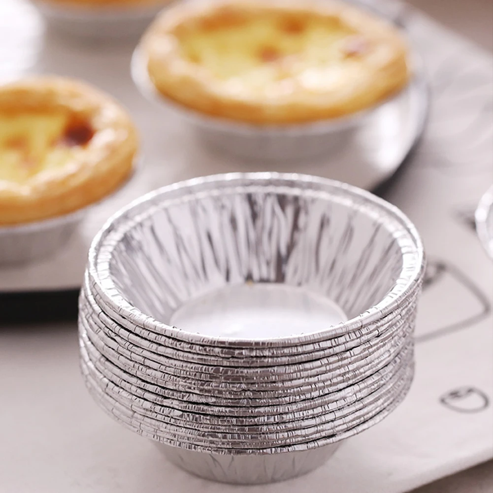 100Pcs Silver Aluminum Foil Tart Pan Disposable Mini Pie Tins Round Egg Tart Molds Pan Baking Foil Cake Cups for Kitchen