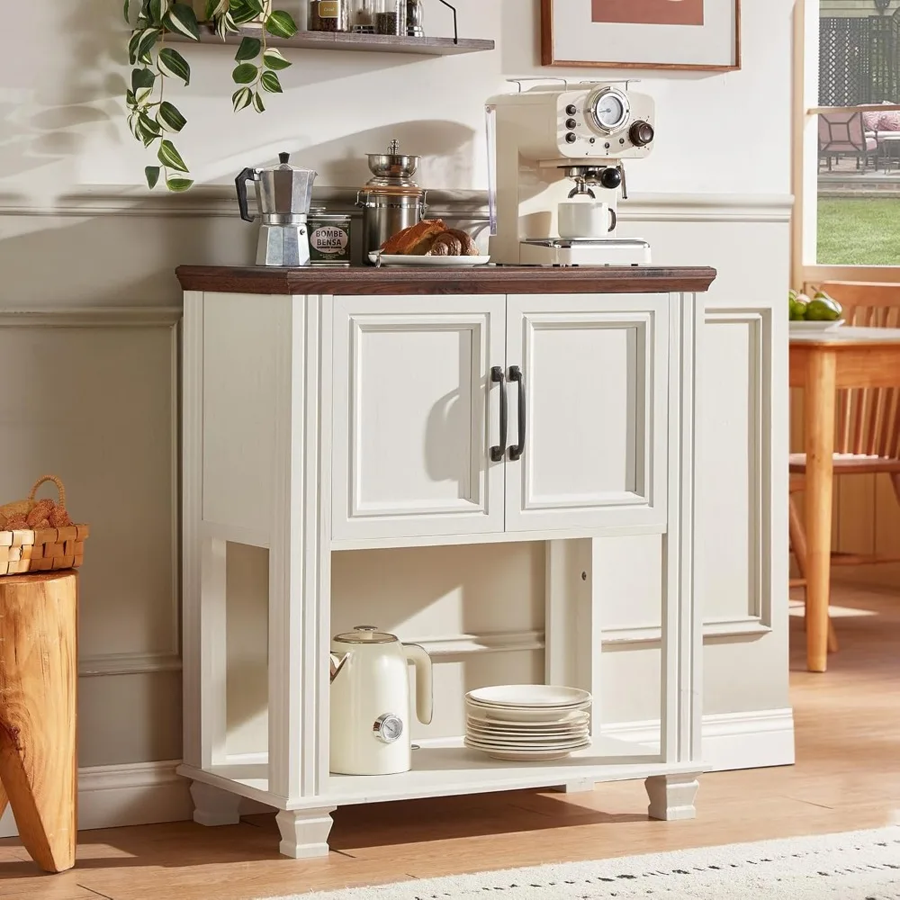 

Farmhouse coffee bar station with double door cabinets, small kitchen cabinets with open shelves, and storage room