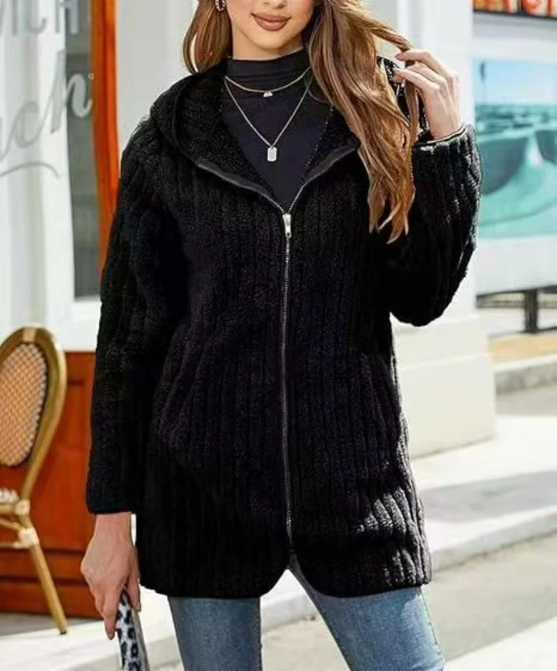 Plus Size Zip Up Teddy Coat, Casual Hooded Warm Winter Outerwear With Pocket, Women's Plus Size Clothing