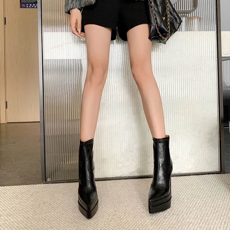 MKKHOU Fashion Short Boots Women's New High Quality Genuine Leather Boots Pointed Thick Bottom 15cm High Heels Commuter Boots
