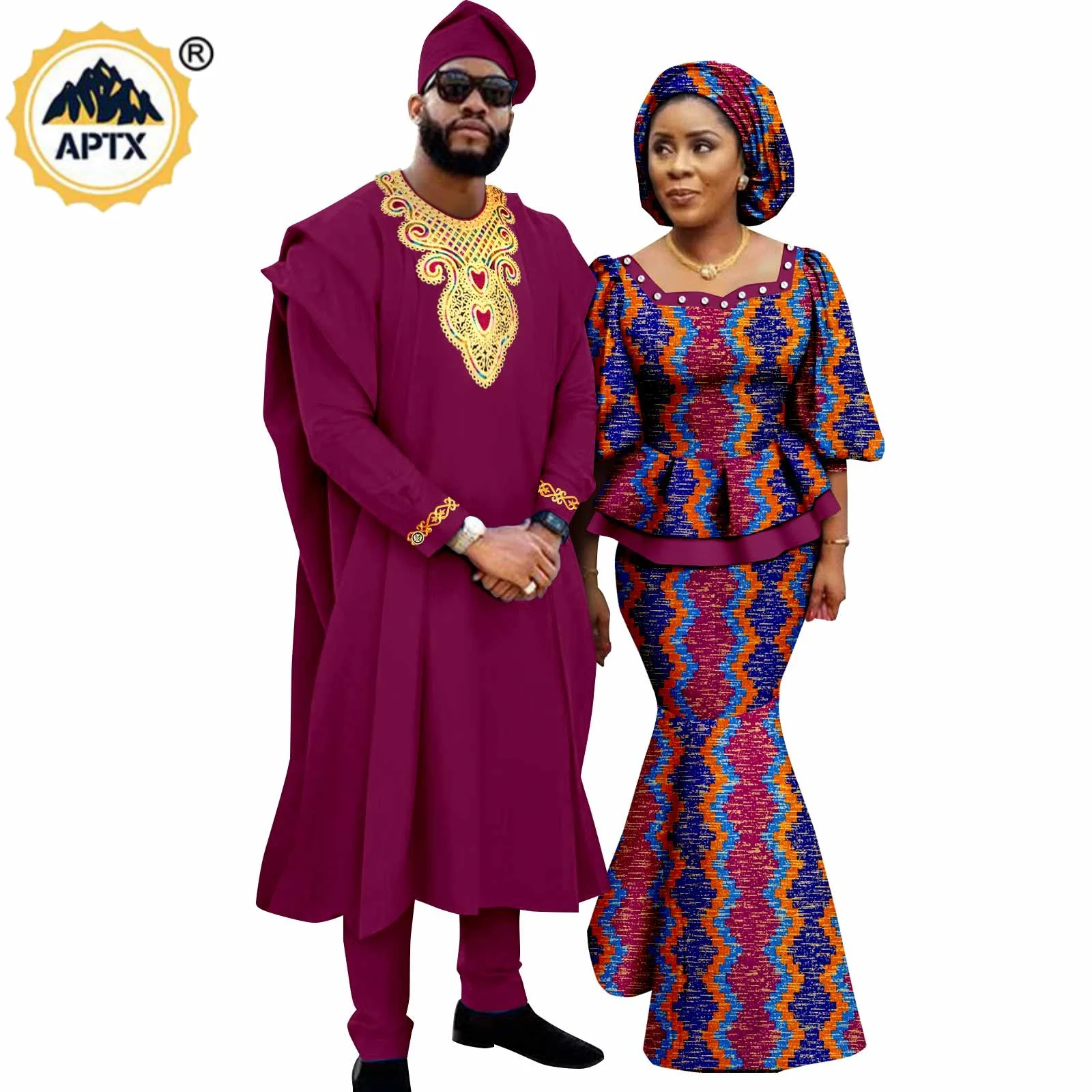 African Clothes for Couples Matching Outfits Metallic Women Print Top and Skirt Bazin Riche Men Agbada 4 Pieces Sets Y23C060