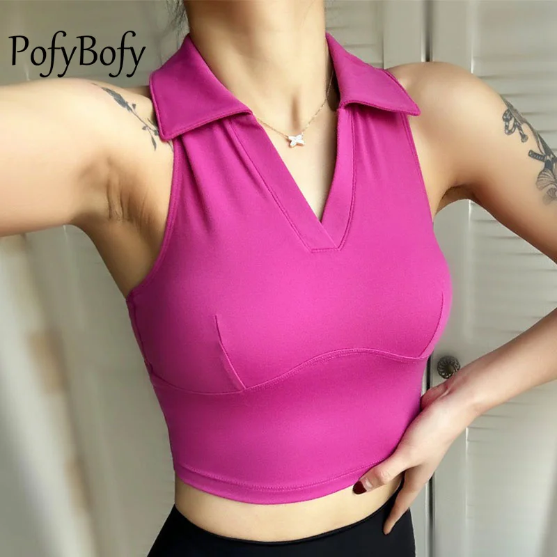 PofyBofy Racerback Built in Bra Turn-Down Collar V Neck Fashion Vest Elastic Sleeveless Yoga Fitness Women Tank Top Sportwear