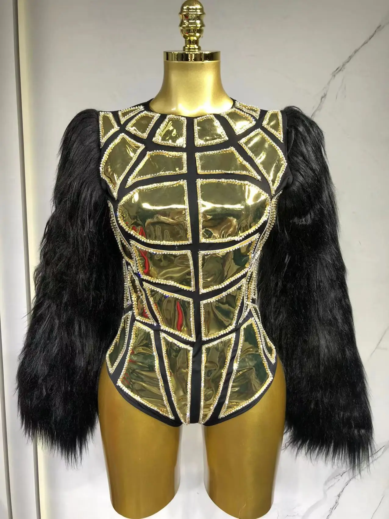Samt Blase Ärmel Spiegel Muskel Body Nachtclub Bühne Show Catsuit Tanz Outfit Rüstung Stil Bar Weibliche DJ DS Kostüm