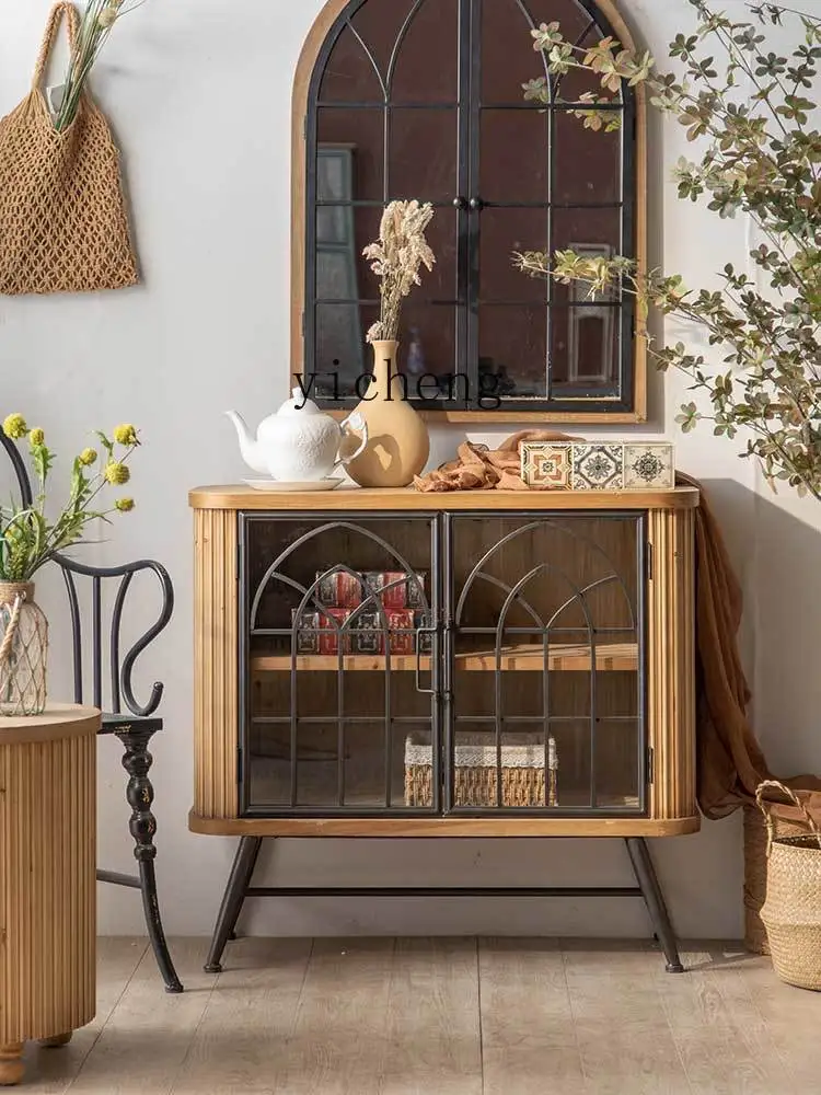 ZK Retro Solid Wood Entrance Cabinet Wrought Iron Sideboard Cabinet Living Room TV Coffee Table Floor Flower Combination