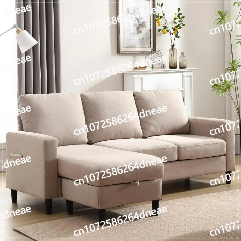 

Convertible Sectional Linen Sofa for Living Room Apartment, L-Shaped Couch 3 Seats w/Storage Chaise & Charging Port, Beige